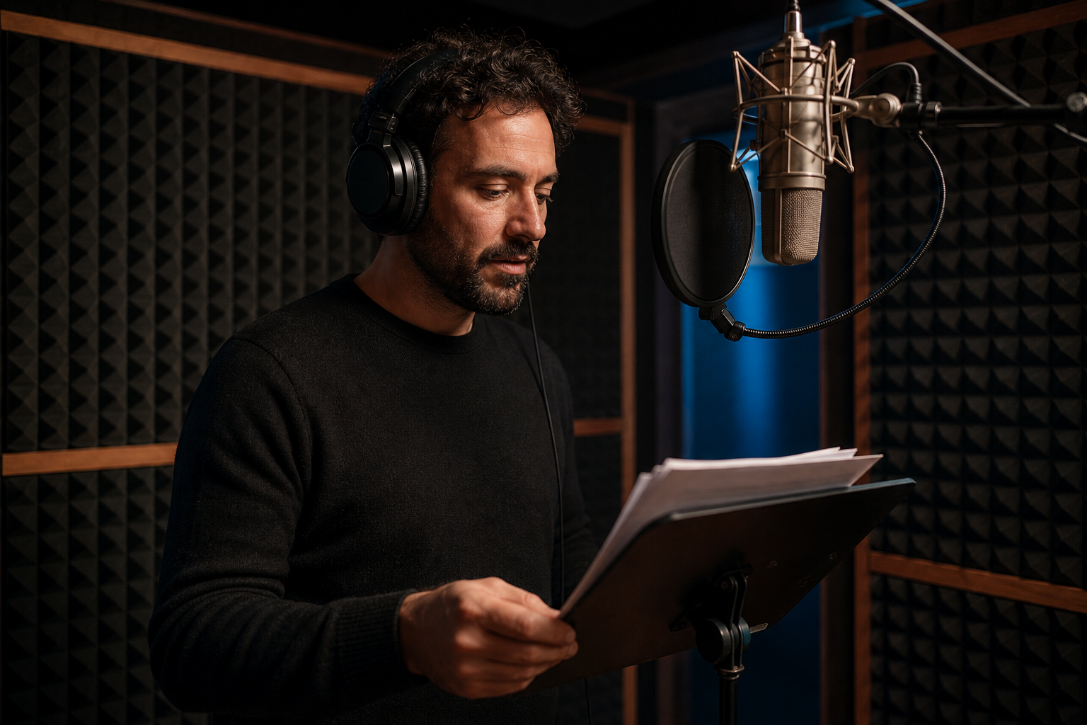 Speaker in cabina insonorizzata durante una sessione di doppiaggio e voice over