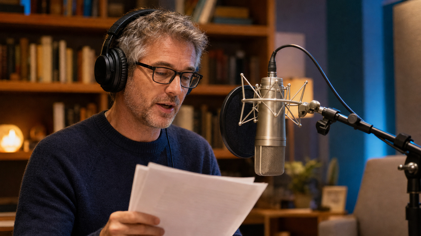 Narratrice legge un manoscritto davanti a un microfono a condensatore in studio