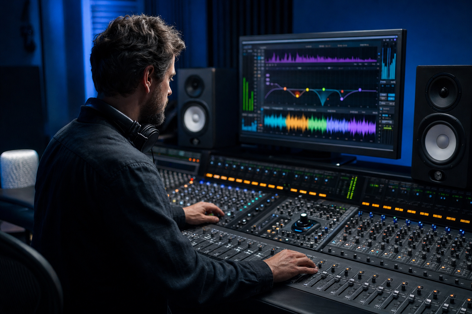 Fonico al mixer durante una sessione di post-produzione e mastering audio