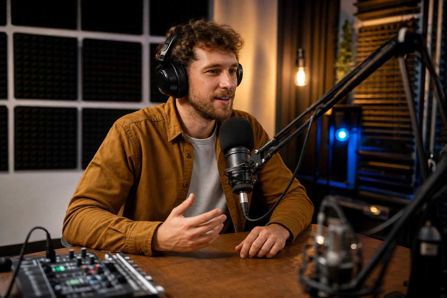 Conduttrice che registra un episodio di podcast con microfono professionale